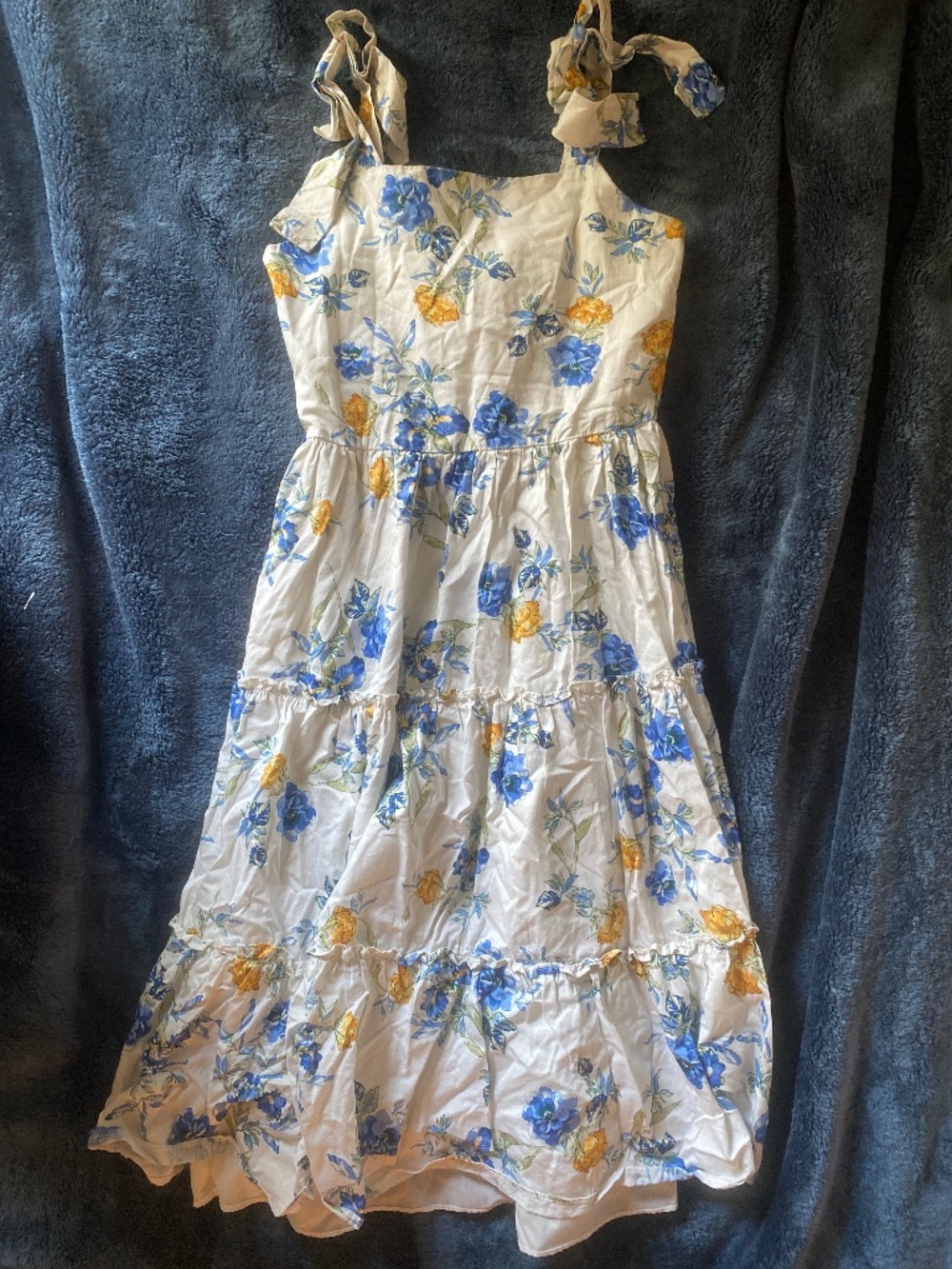 Rare Editions Girls Blue Yellow Floral Tie Strap Cottagecore Tiered Midi Dress